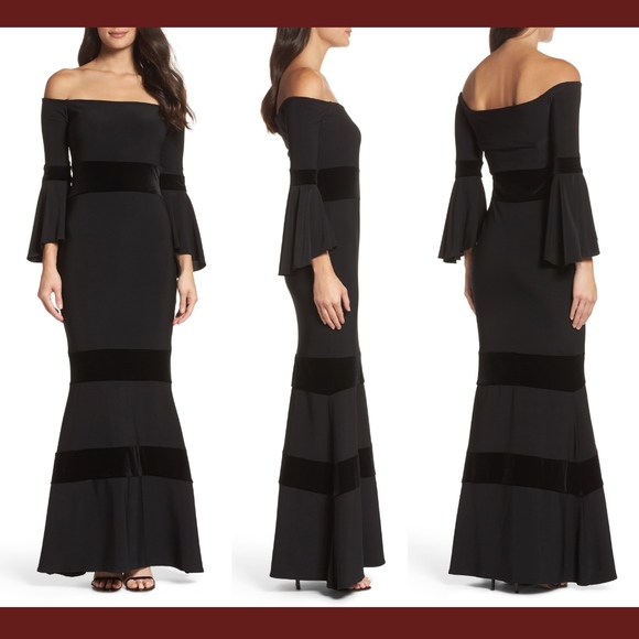 NWT Xscape Velvet Trim Off‎ the Shoulder Mermaid Dress Black [PETITE SZ 4P ] - Picture 1 of 13